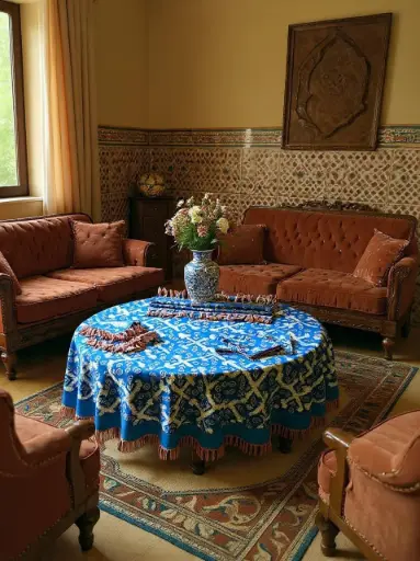 [Dar Maalma 02] The Royal "Tekhrig & Tekrir" Tablecloth – Hand-Carved Blue Cotton & Blush Silk