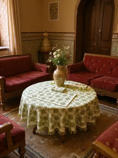 [Dar Maalma 04] The Imperial "Tekhrig & Tekrir" Tablecloth – Hand-Carved White Cotton & Emerald Silk