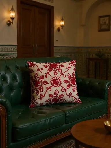 [Dar Maalma 21] The Rabat Royal Crimson Cushion – Structured White "Kiriya" Canvas & Silk Sabra Embroidery