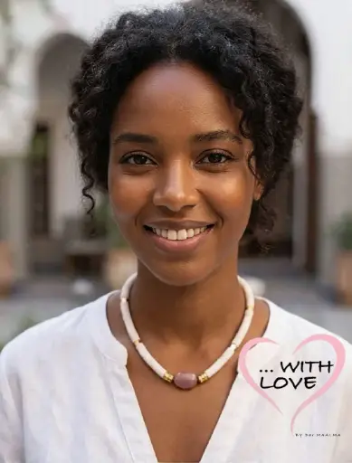 [Dar Maalma 43] The Aphrodite Aura Necklace – Sculpted Rose Quartz Pendant with Pure White Heishi Beads & Gold-Plated Steel